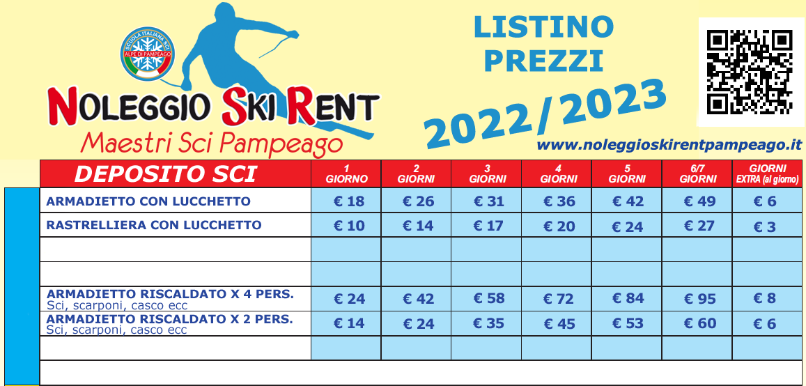 Prezzi Deposito sci e scarponi Maestri di sci Pampeago - stagione 2022/2023